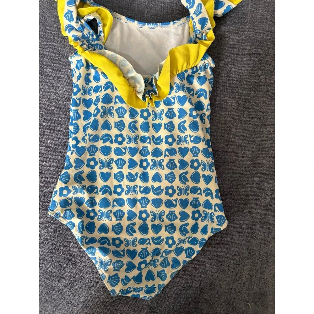Mini Boden 6 7 years blue and white shell print swim bathing suit